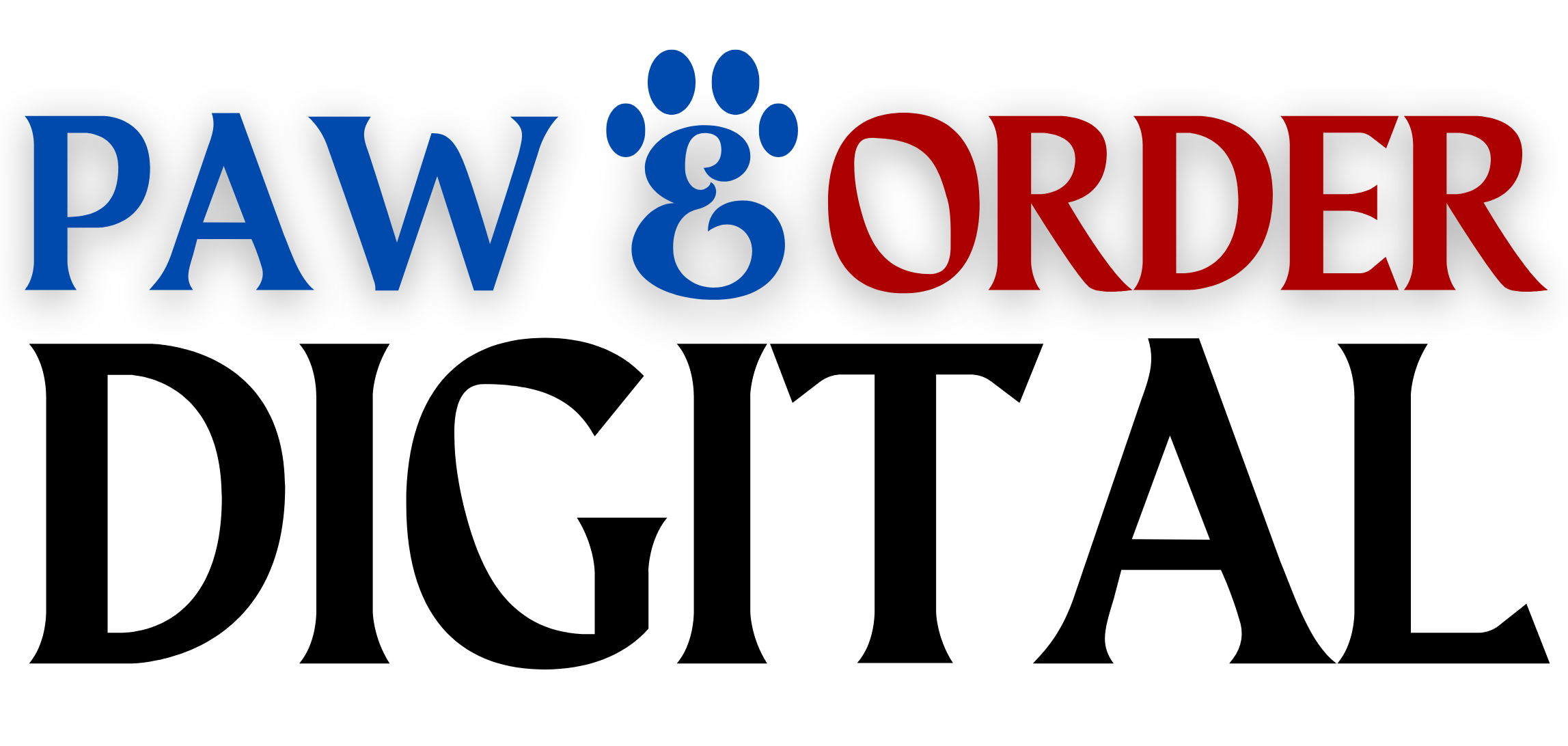 Paw & Order Digital logo in blue, red, and black text for a digital marketing agency studio serving pet businesses